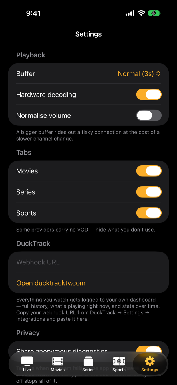 Settings with playback, tabs and DuckTrack options